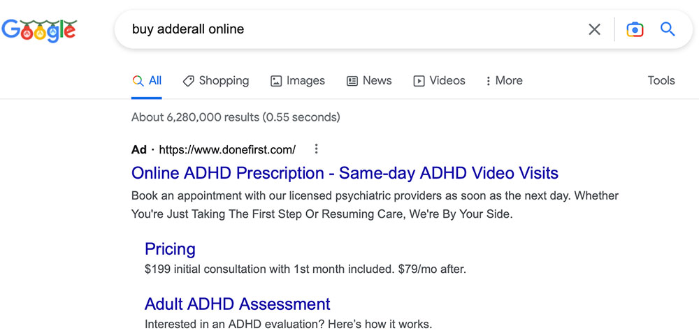 نتیجه جستجوی Google Ads برای خرید آنلاین adderall از یک ارائه دهنده درمان ADHD